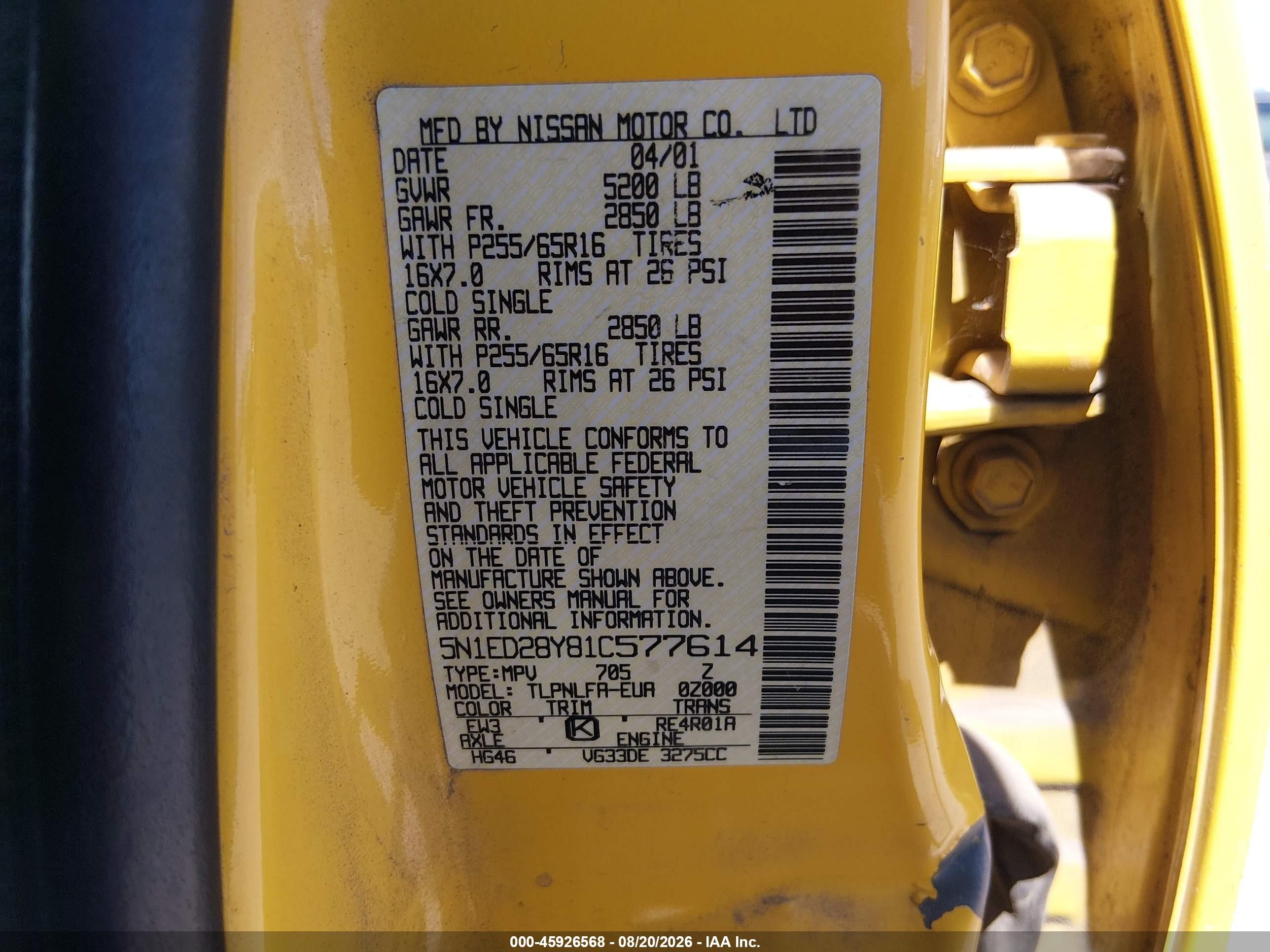 2001 Nissan Xterra Se Yellow vin: 5N1ED28Y81C577614