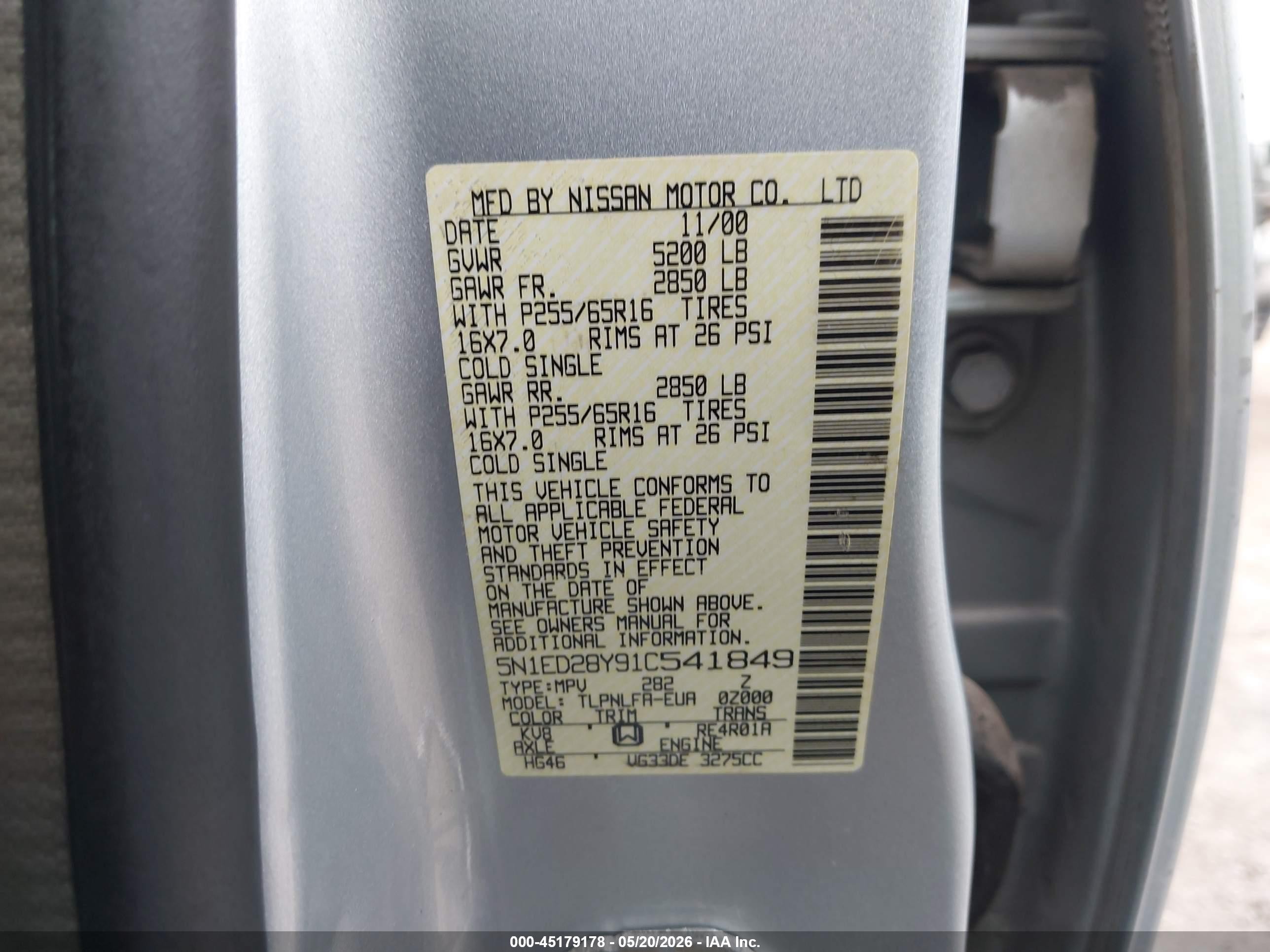 2001 Nissan Xterra Se Silver vin: 5N1ED28Y91C541849