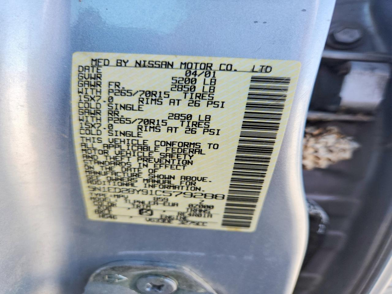 2001 Nissan Xterra Xe-v6 Silver vin: 5N1ED28Y91C579288