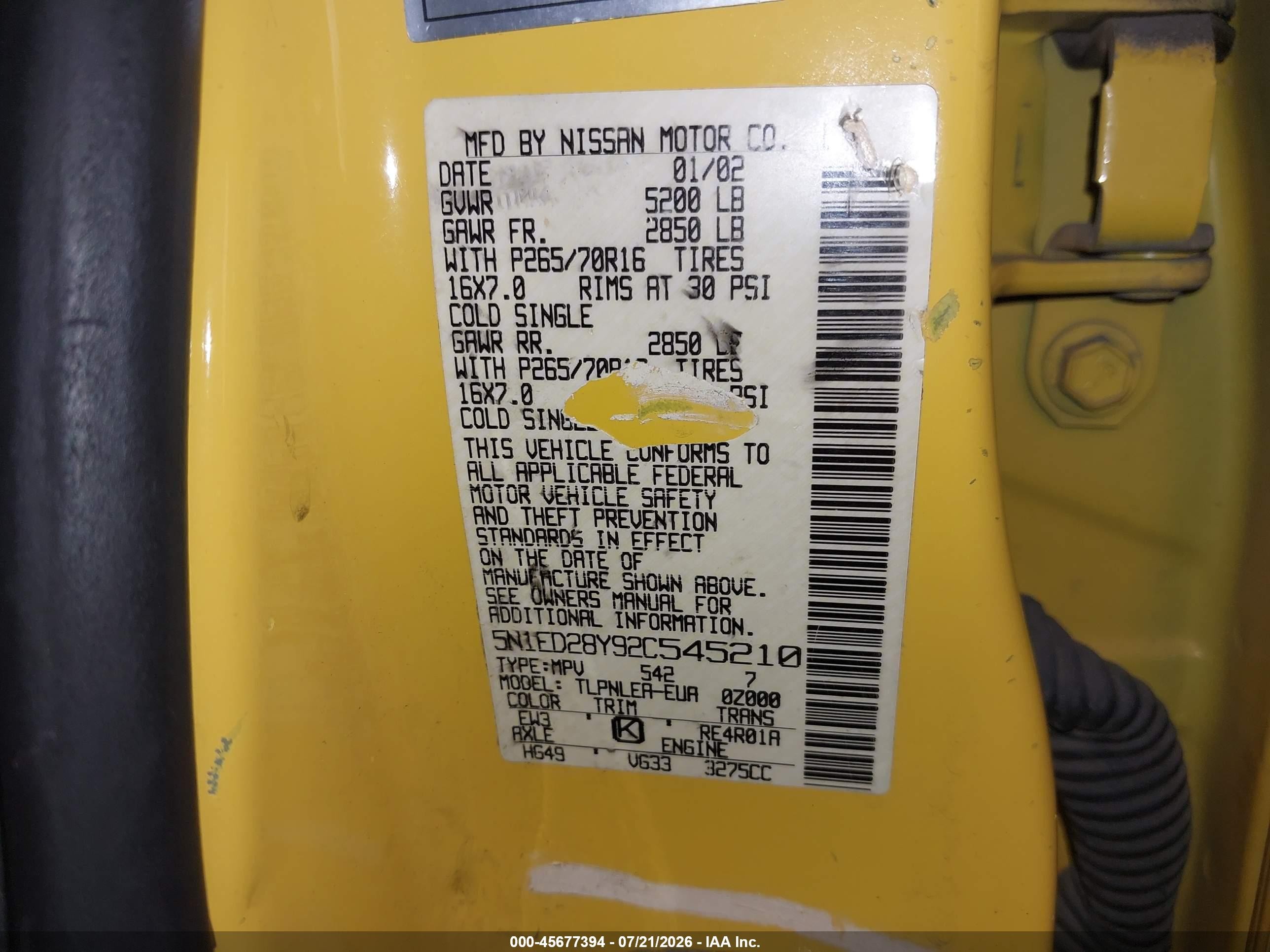2002 Nissan Xterra Xe Yellow vin: 5N1ED28Y92C545210