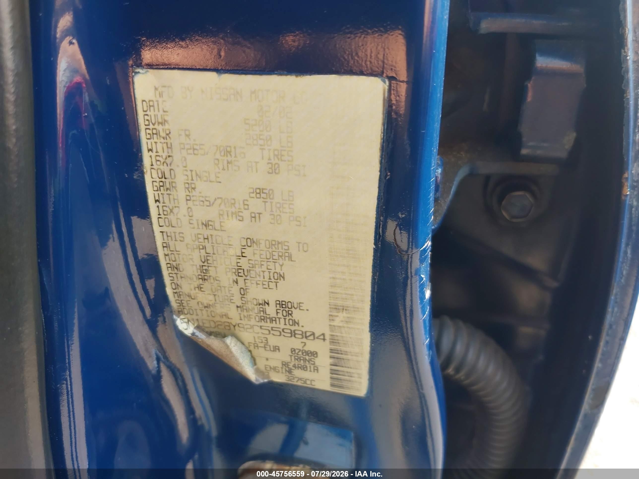 2002 Nissan Xterra Se Blue vin: 5N1ED28Y92C559804