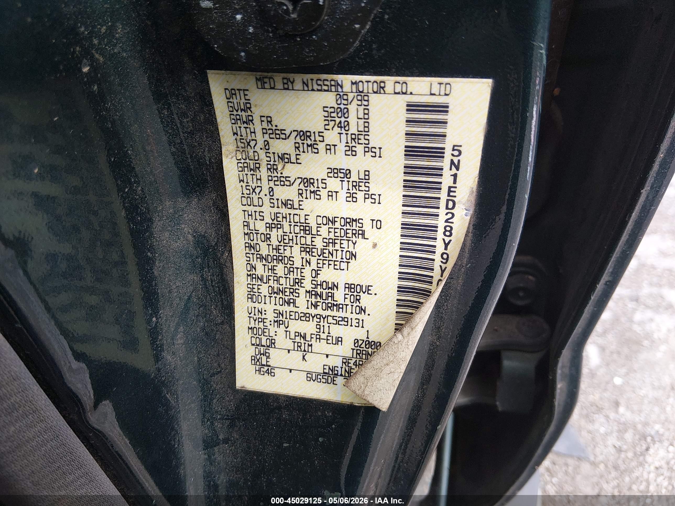 2000 Nissan Xterra Se/xe Green vin: 5N1ED28Y9YC529131