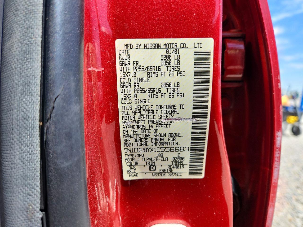 2001 Nissan Xterra Xe-v6 Red vin: 5N1ED28YX1C556683