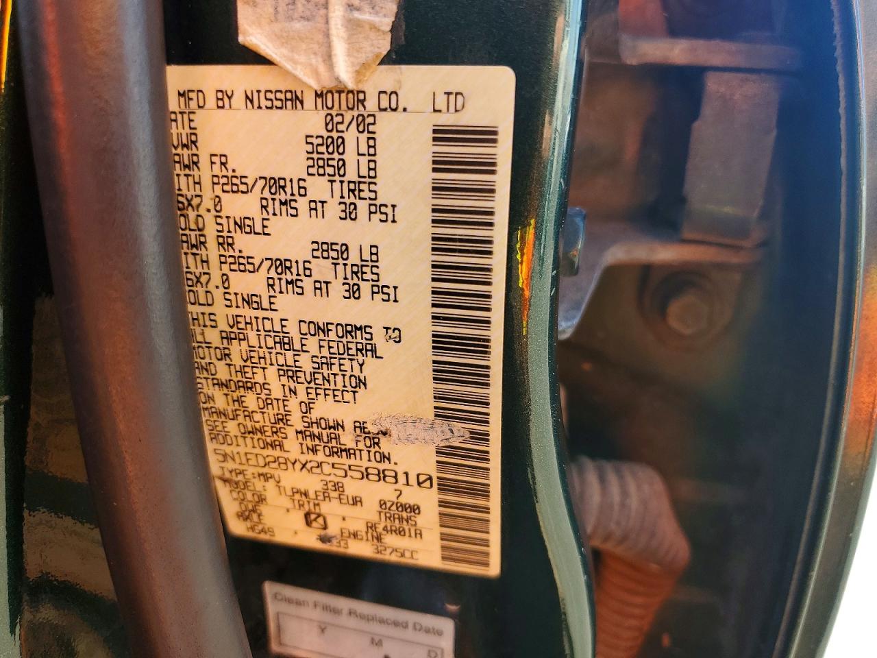 2002 Nissan Xterra Xe-v6 Green vin: 5N1ED28YX2C558810
