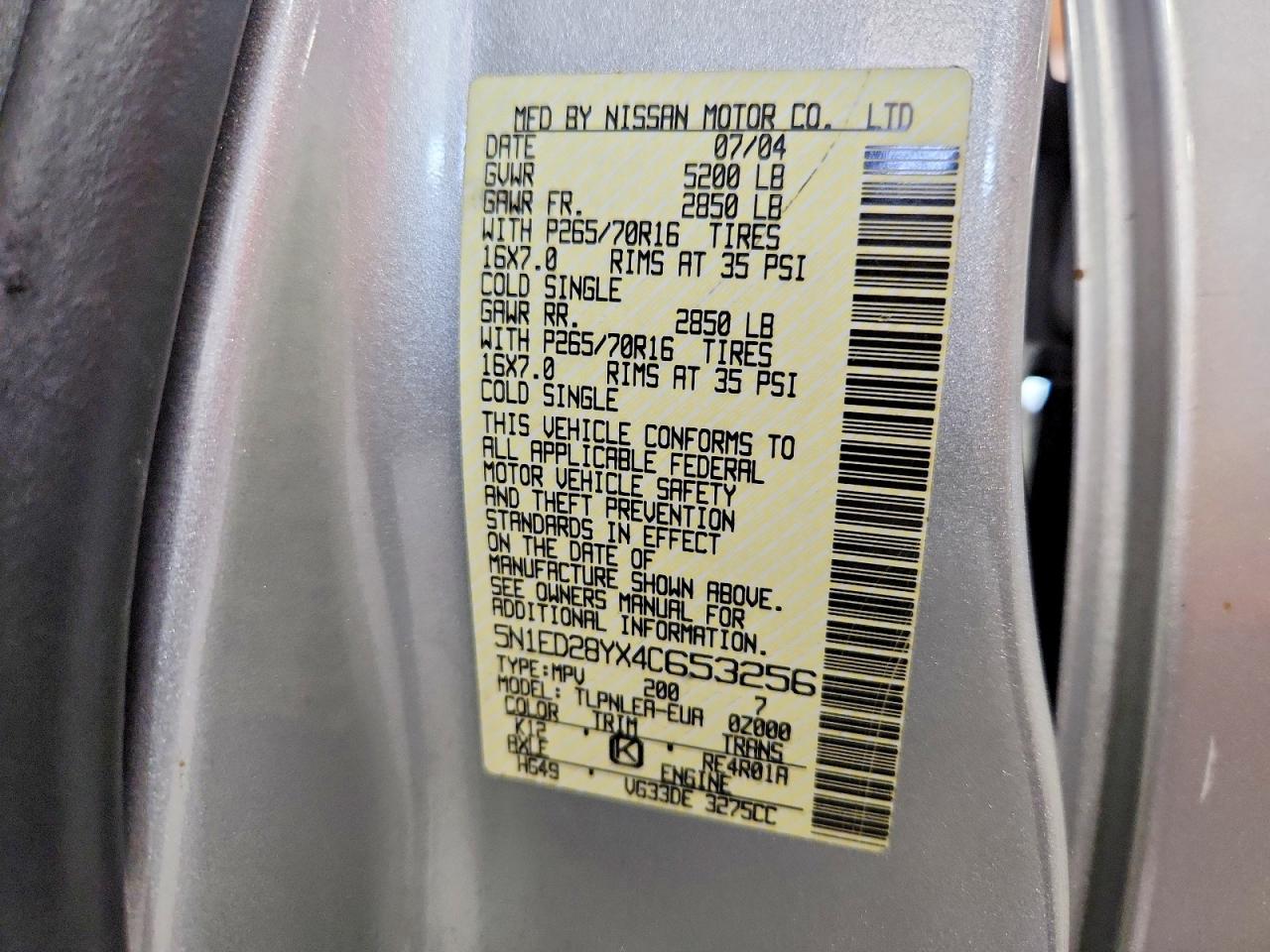 2004 Nissan Xterra Xe Серебряный vin: 5N1ED28YX4C653256