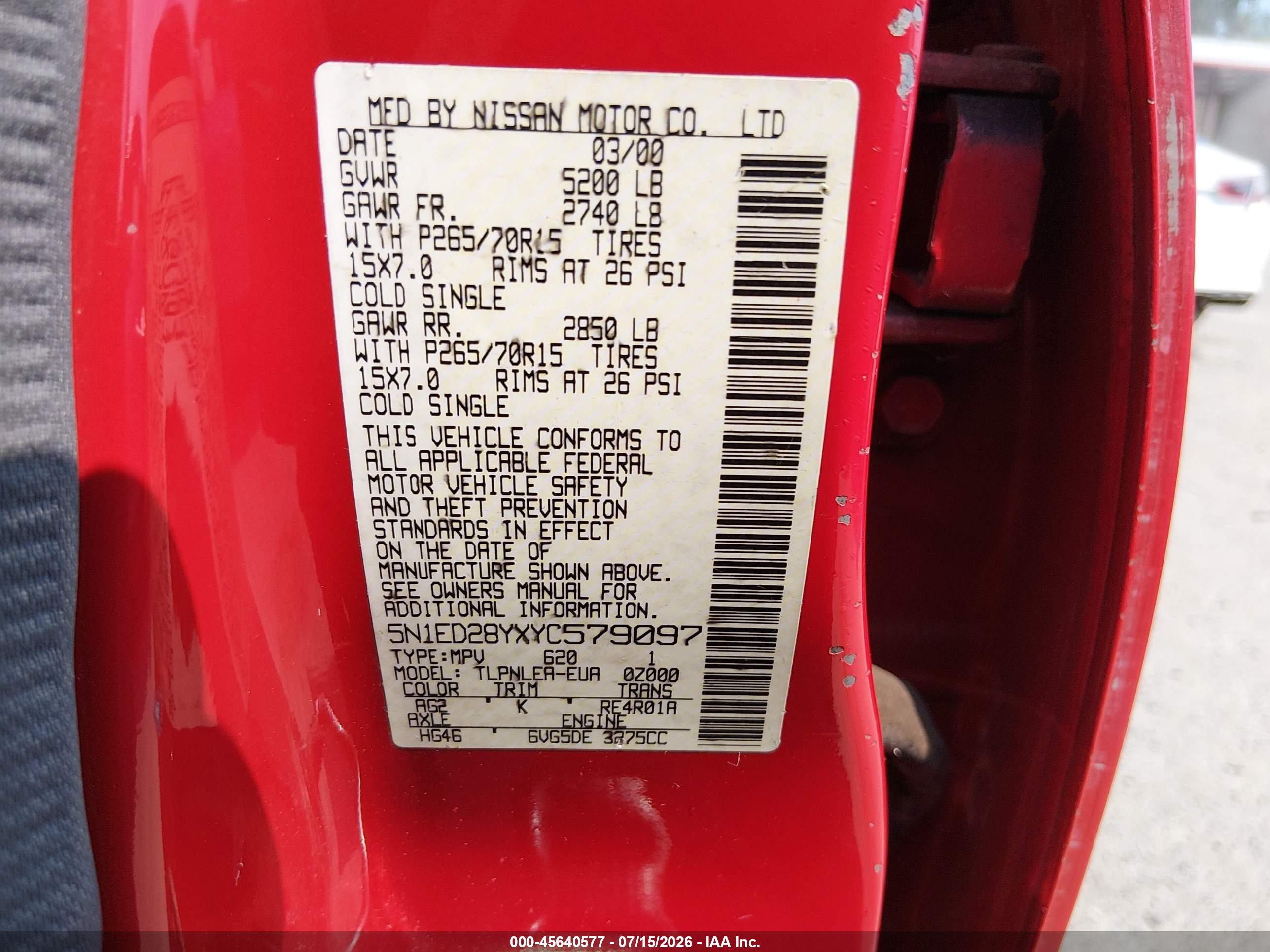 2000 Nissan Xterra Se/xe Red vin: 5N1ED28YXYC579097