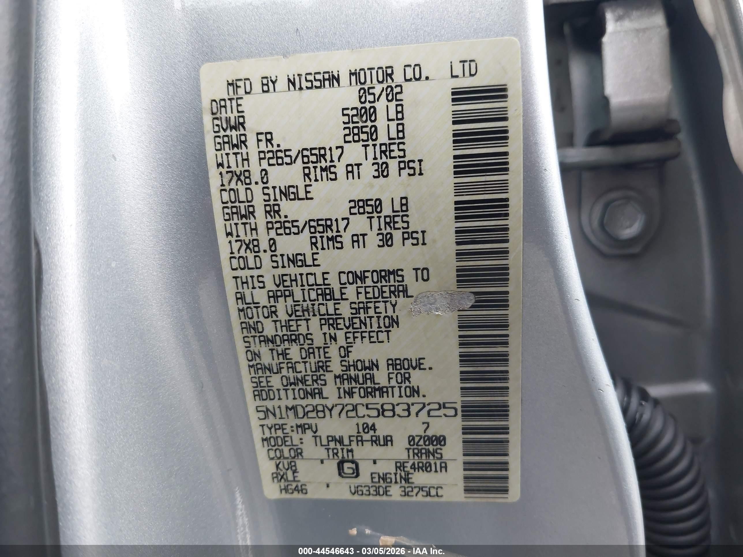2002 Nissan Xterra Se S/c Silver vin: 5N1MD28Y72C583725