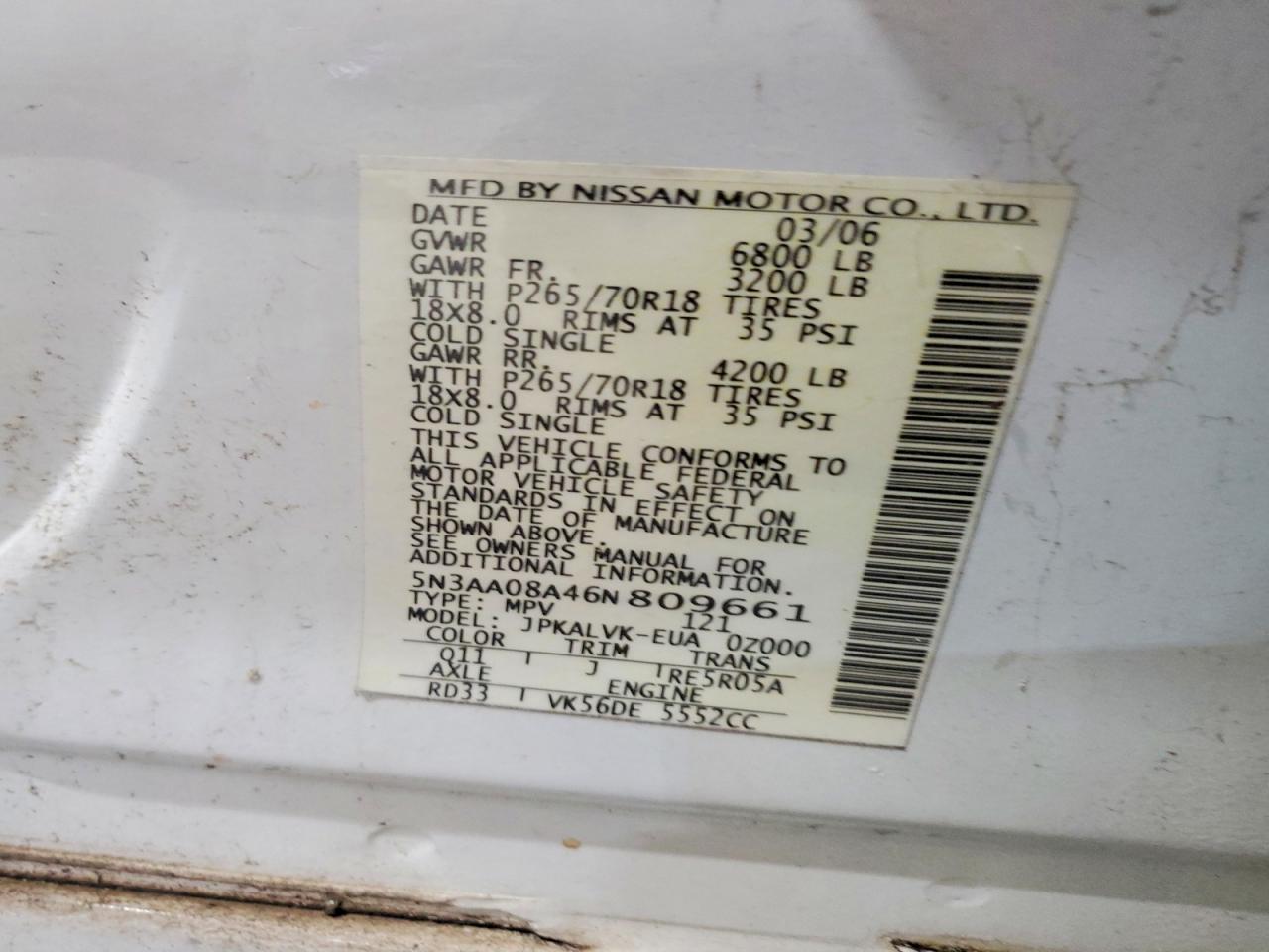2006 Infiniti Qx56 Base White vin: 5N3AA08A46N809661