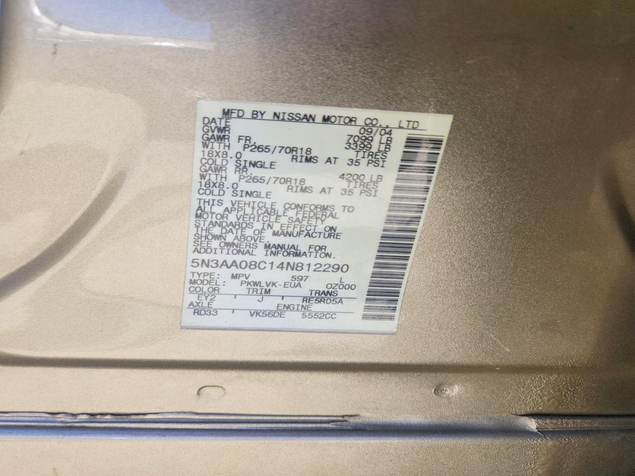 2004 Infiniti Qx56 Base Tan vin: 5N3AA08C14N812290