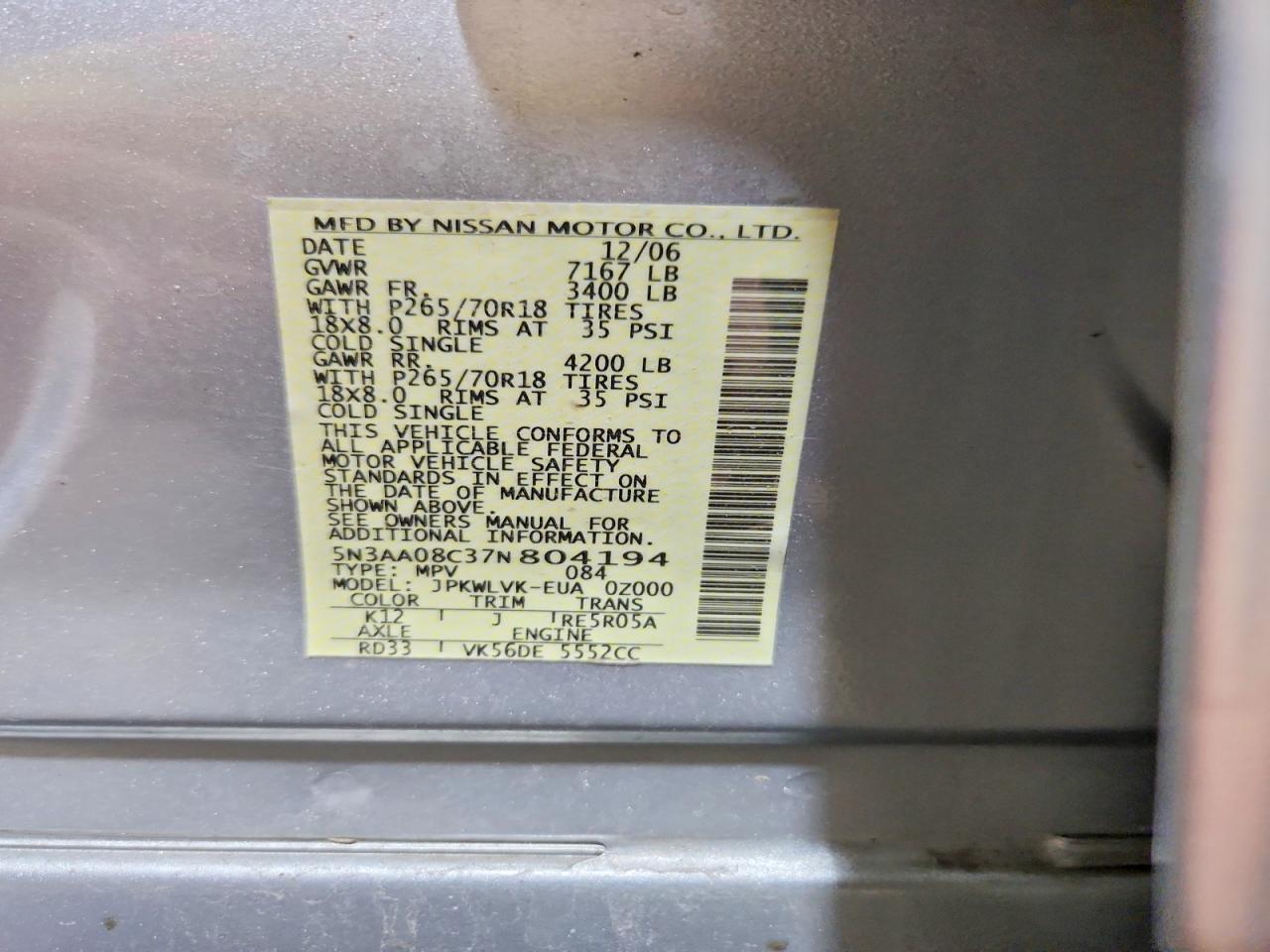 2007 Infiniti Qx56 Base Silver vin: 5N3AA08C37N804194