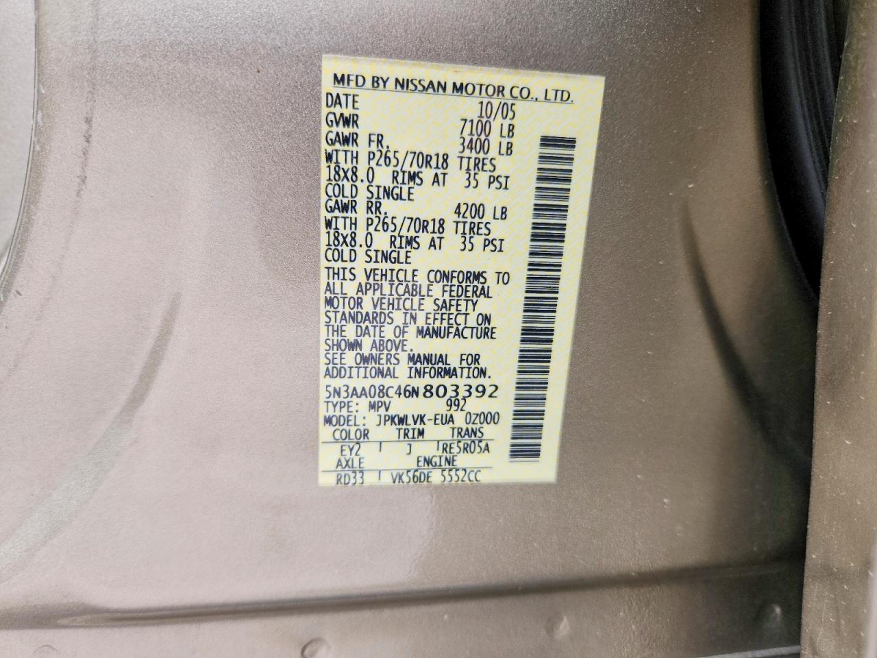 2006 Infiniti Qx56 Base Gold vin: 5N3AA08C46N803392