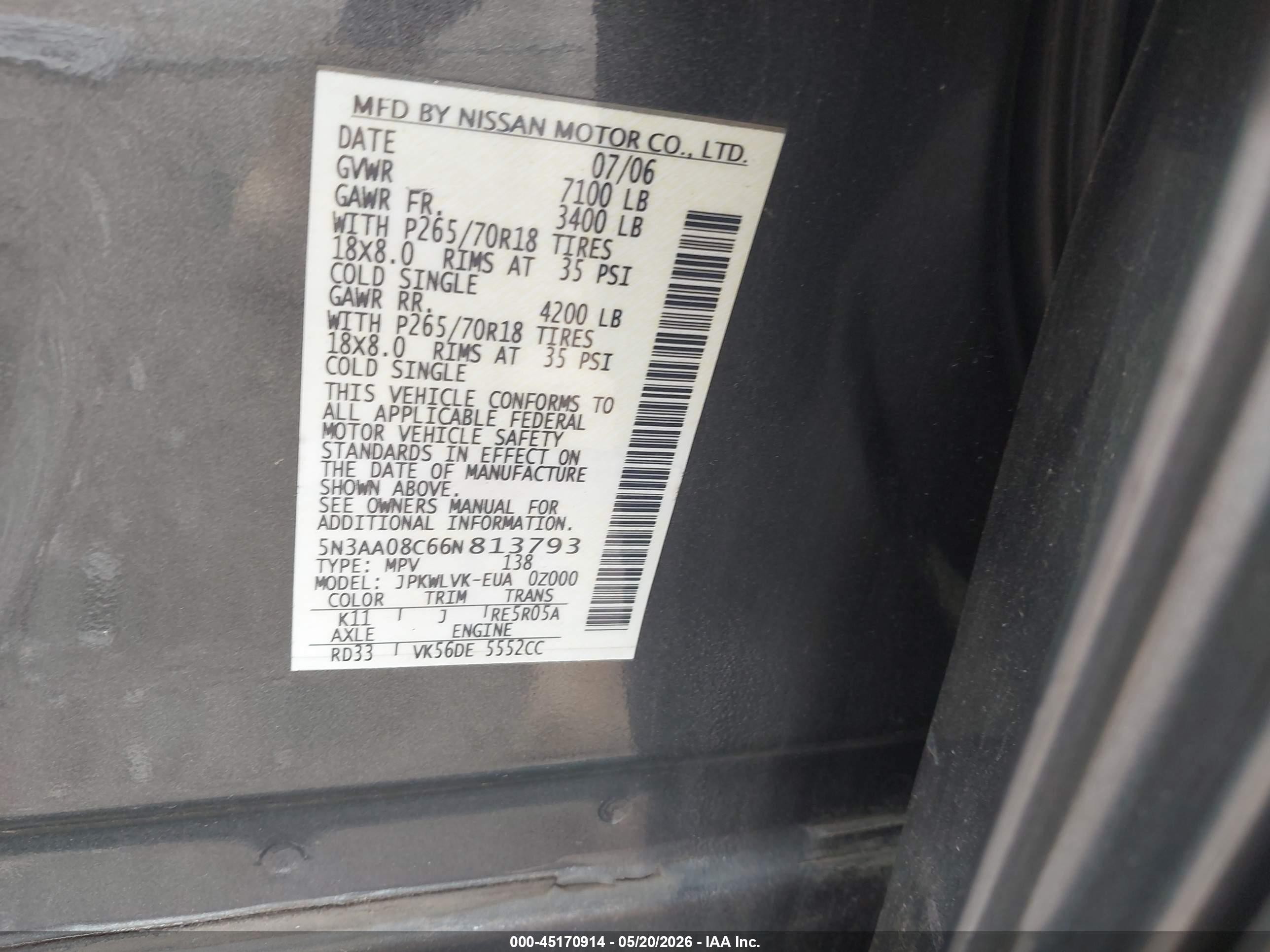 2006 Infiniti Qx56   Gray vin: 5N3AA08C66N813793