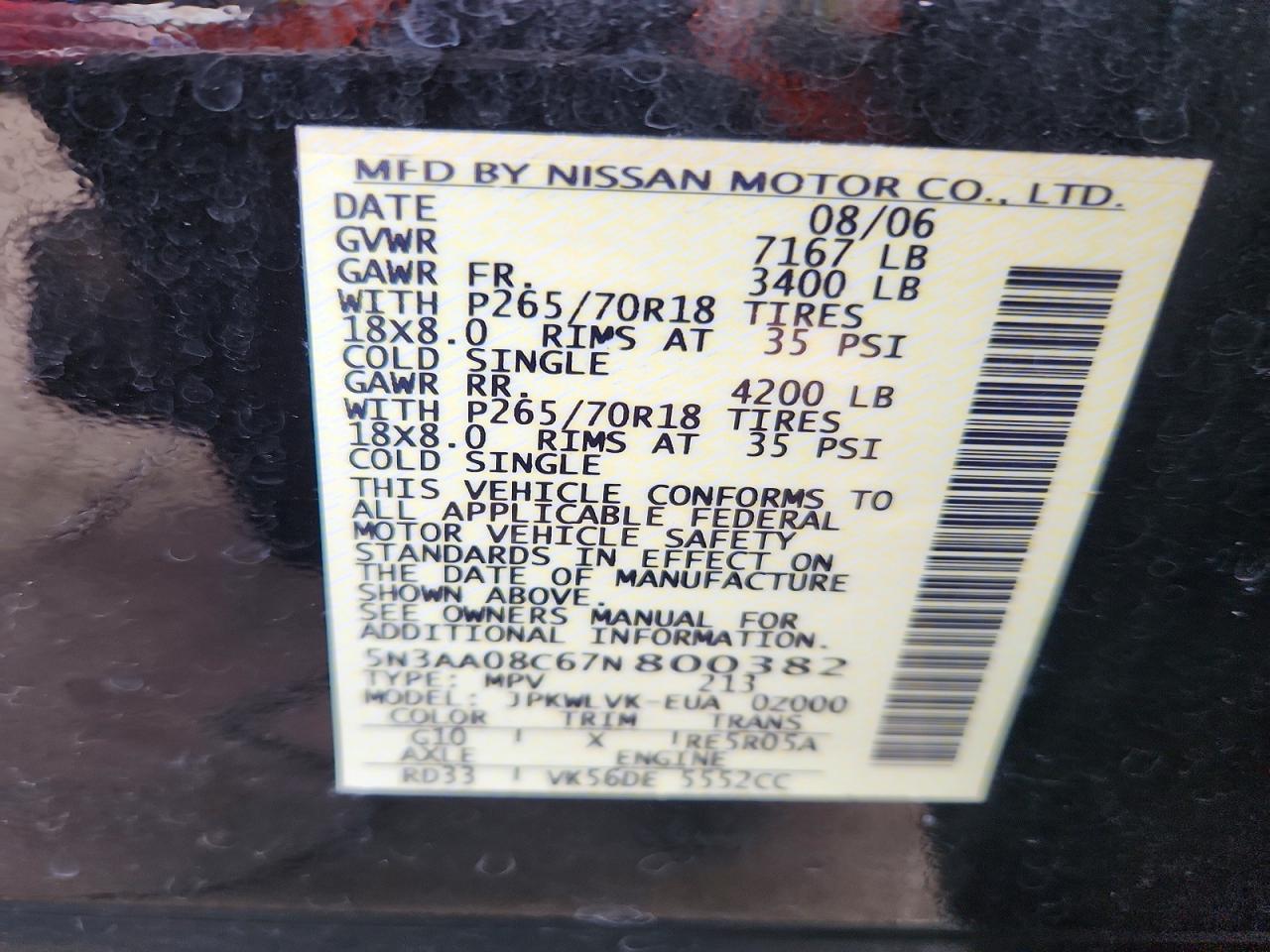 2007 Infiniti Qx56 Base Black vin: 5N3AA08C67N800382