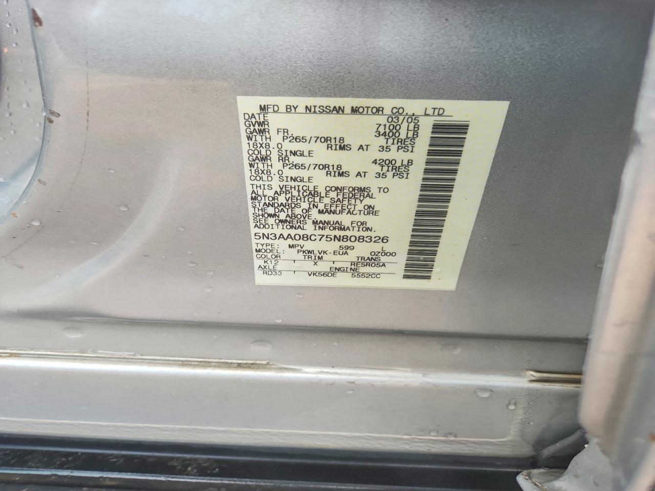 2005 Infiniti Qx56 Base Silver vin: 5N3AA08C75N808326
