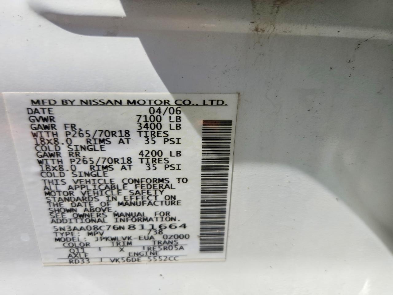 2006 Infiniti Qx56 Base White vin: 5N3AA08C76N811664
