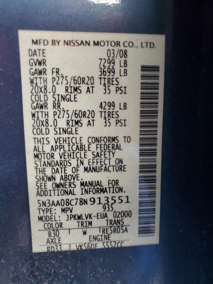 2008 Infiniti Qx56 Blue vin: 5N3AA08C78N913551