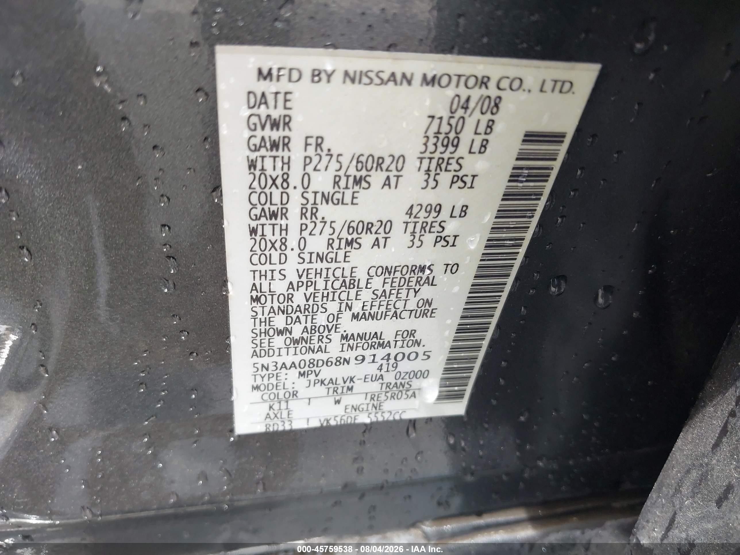 2008 Infiniti Qx56   Gray vin: 5N3AA08D68N914005