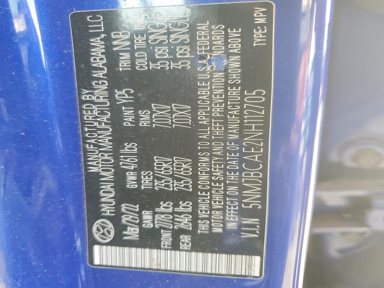 2022 Hyundai Tucson Sel Blue vin: 5NMJBCAE2NH112705