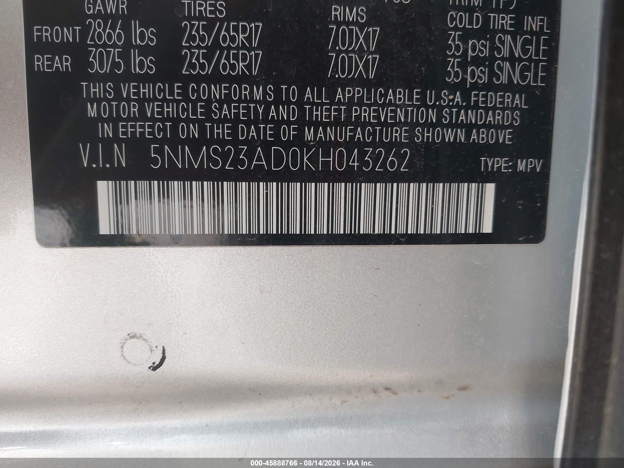 2019 Hyundai Santa Fe Se Silver vin: 5NMS23AD0KH043262