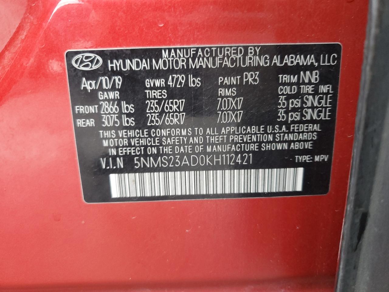 2019 Hyundai Santa Fe Se Red vin: 5NMS23AD0KH112421