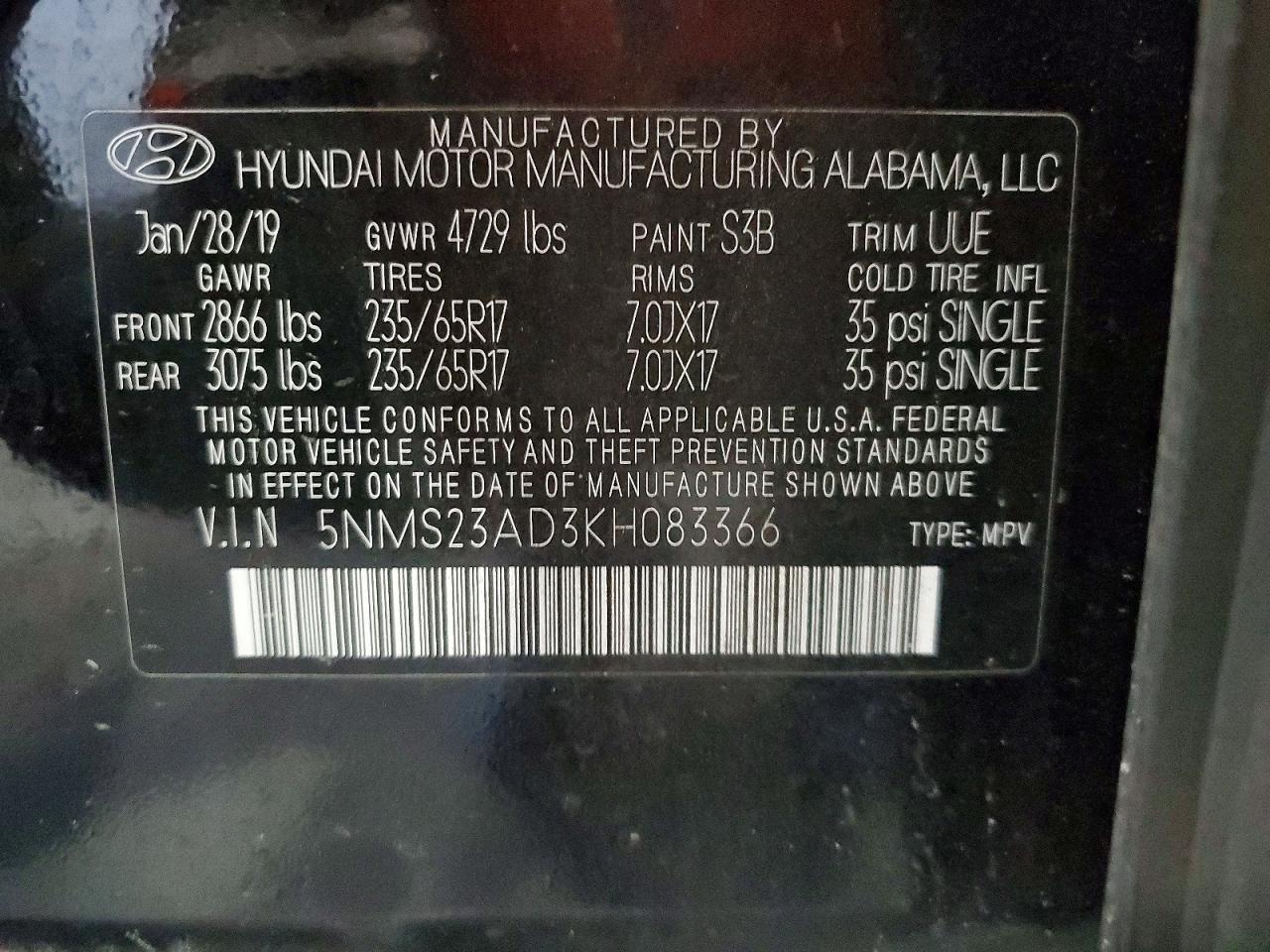 2019 Hyundai Santa Fe Se 2.4l Черный vin: 5NMS23AD3KH083366