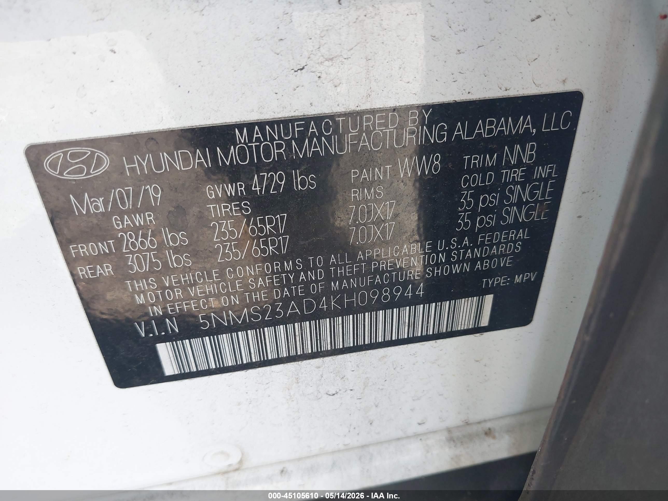 2019 Hyundai Santa Fe Se White vin: 5NMS23AD4KH098944