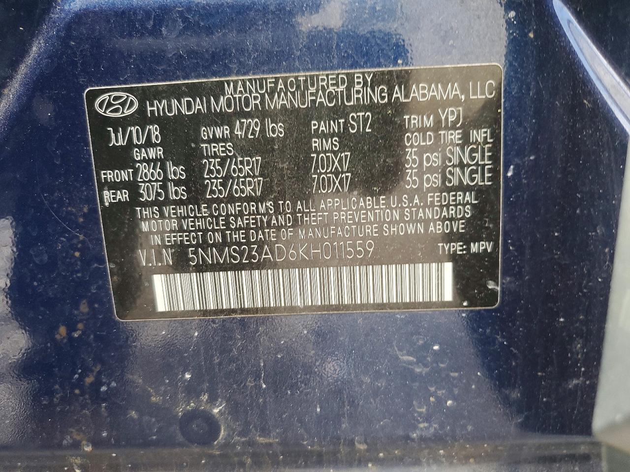 2019 Hyundai Santa Fe Se 2.4l Синий vin: 5NMS23AD6KH011559