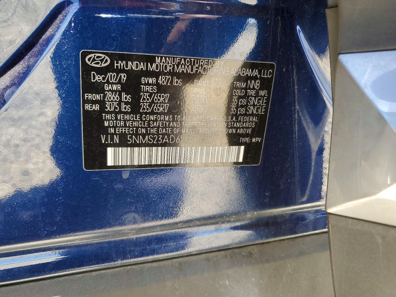 2020 Hyundai Santa Fe Se Blue vin: 5NMS23AD6LH207759