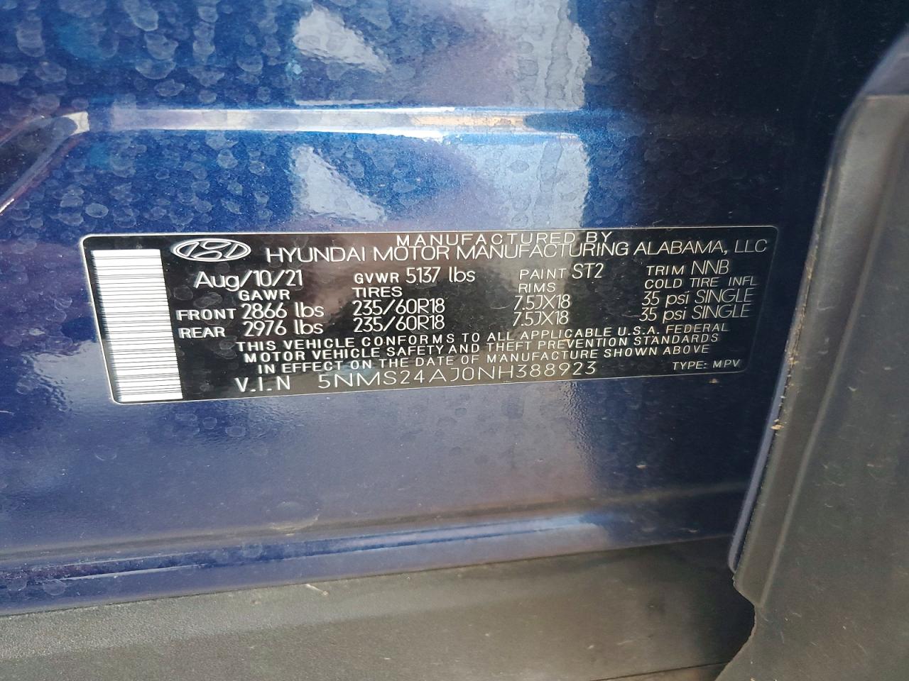 2022 Hyundai Santa Fe Sel Blue vin: 5NMS24AJ0NH388923