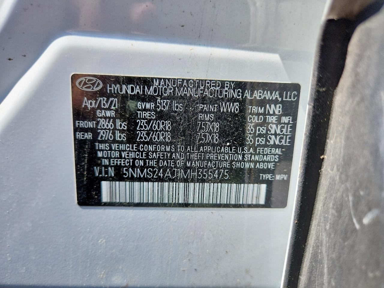 2021 Hyundai Santa Fe Sel Белый vin: 5NMS24AJ1MH355475
