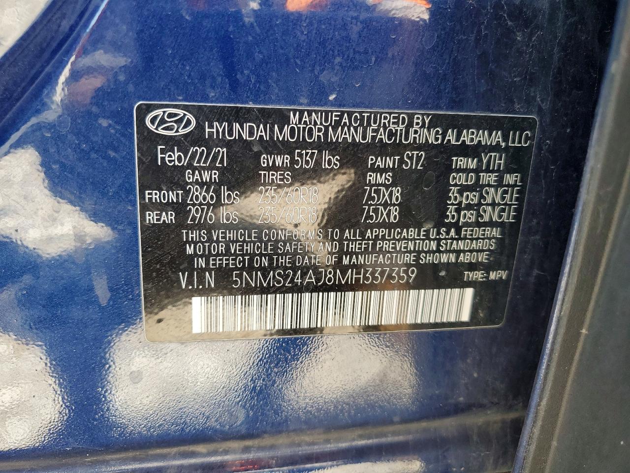 2021 Hyundai Santa Fe Sel Blue vin: 5NMS24AJ8MH337359