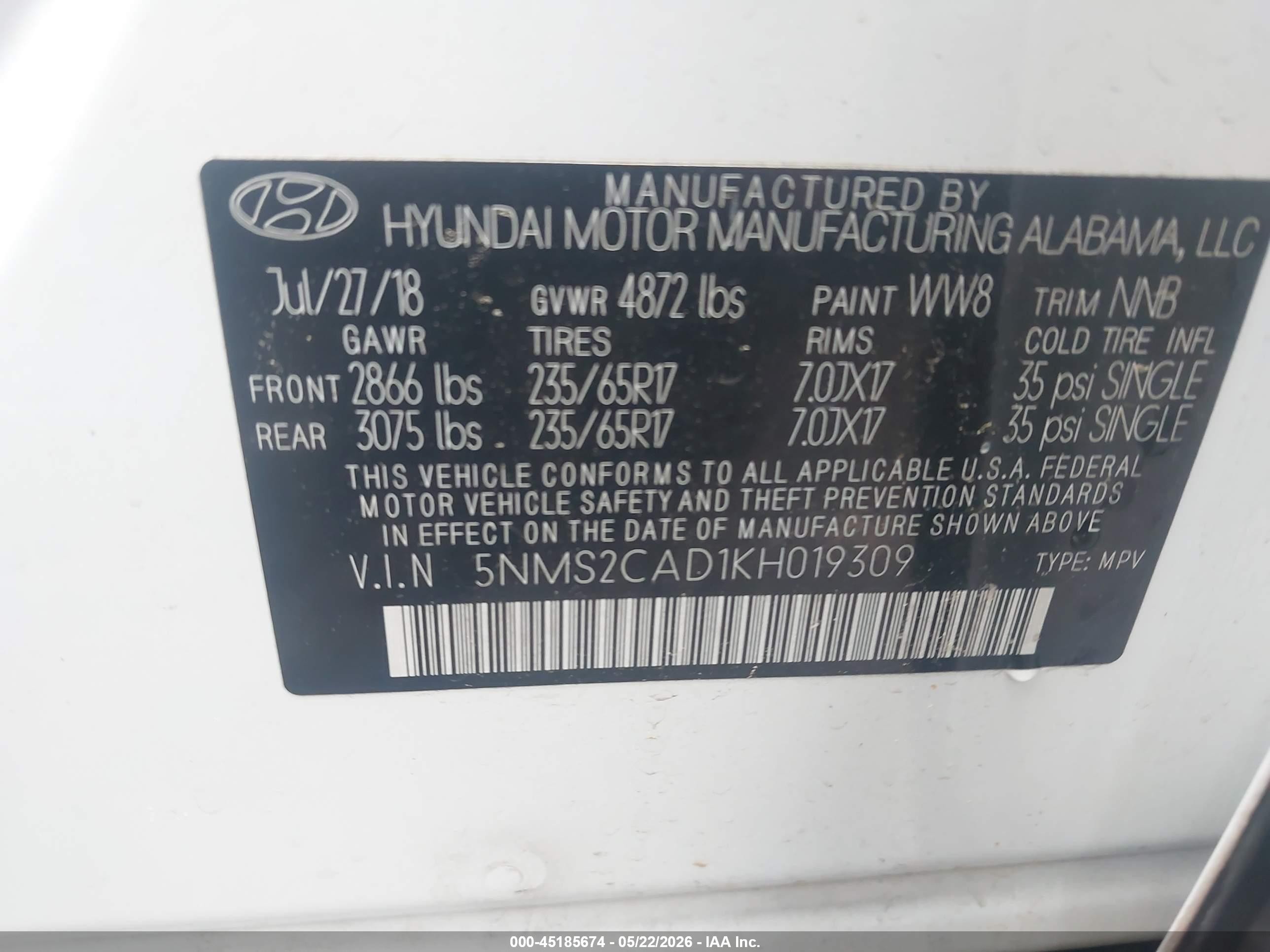 2019 Hyundai Santa Fe Se White vin: 5NMS2CAD1KH019309