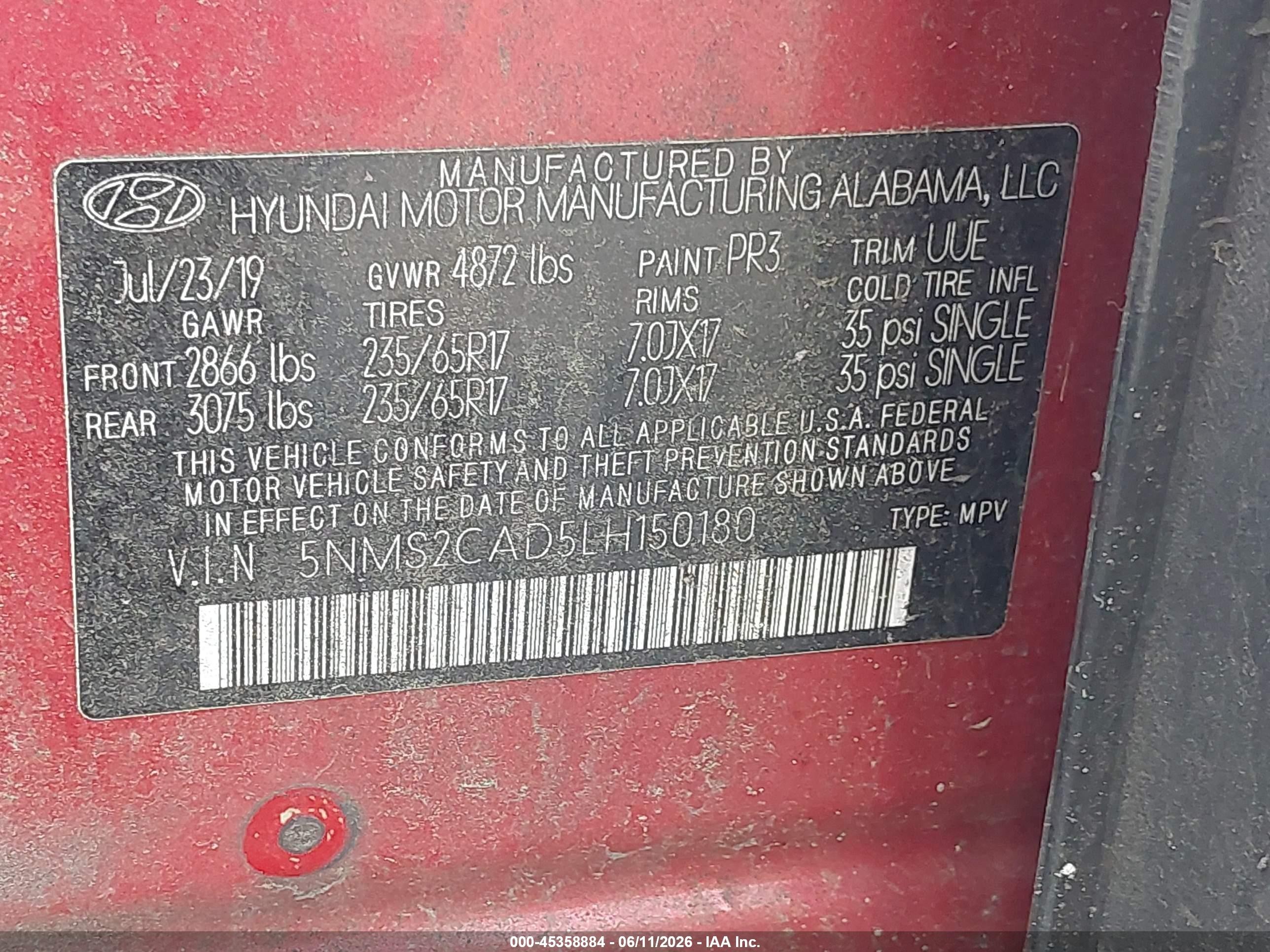 2020 Hyundai Santa Fe Se Red vin: 5NMS2CAD5LH150180