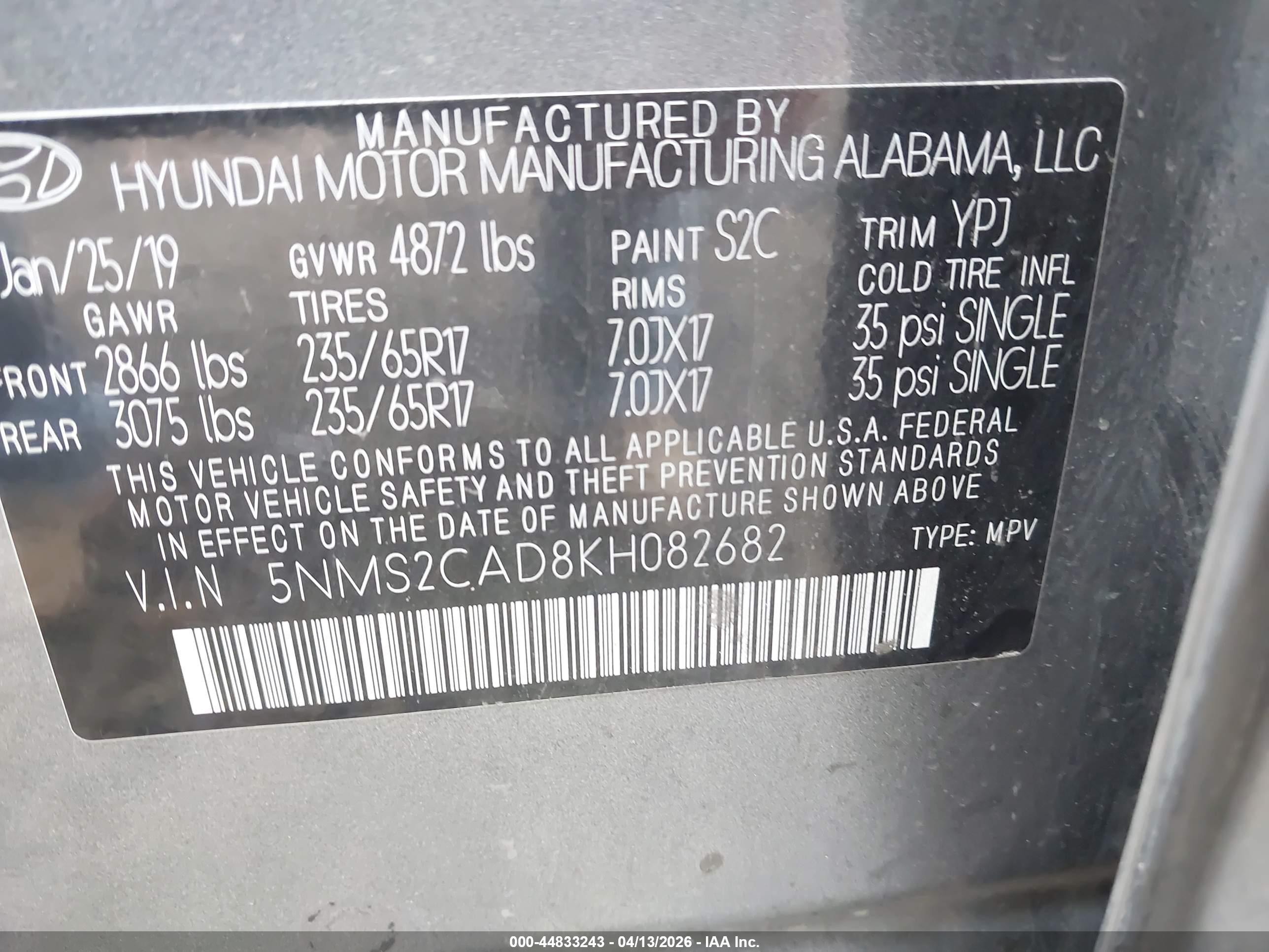 2019 Hyundai Santa Fe Se Gray vin: 5NMS2CAD8KH082682