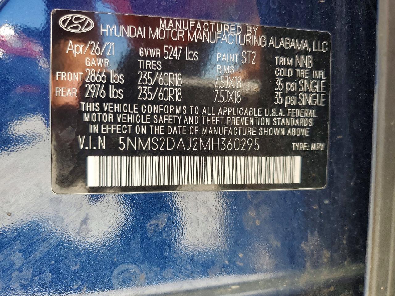 2021 Hyundai Santa Fe Sel Blue vin: 5NMS2DAJ2MH360295
