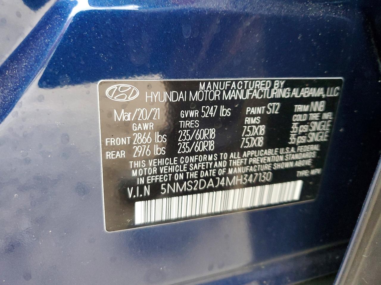 2021 Hyundai Santa Fe Sel Blue vin: 5NMS2DAJ4MH347130