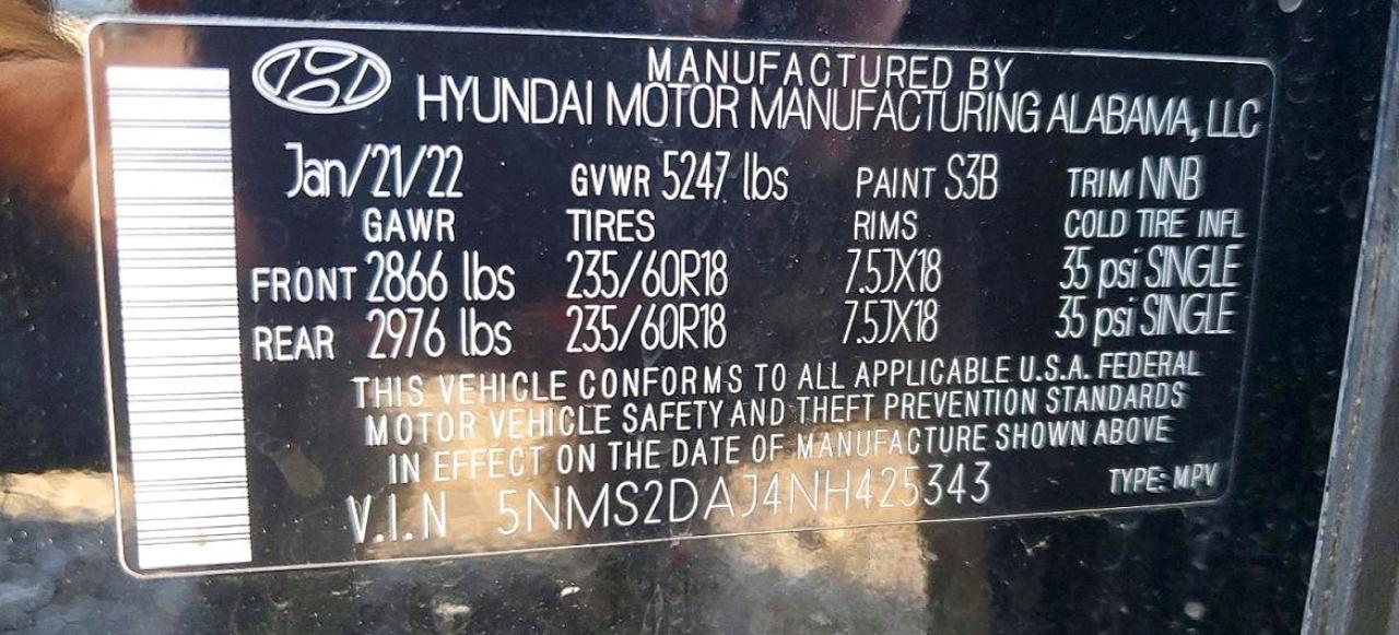 2022 Hyundai Santa Fe Sel Black vin: 5NMS2DAJ4NH425343