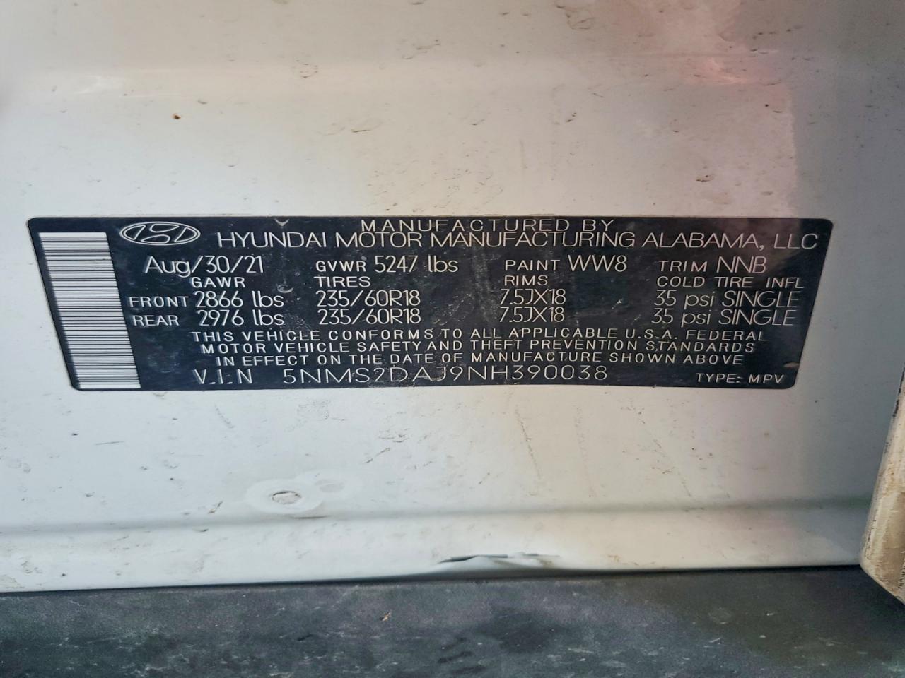 2022 Hyundai Santa Fe Sel White vin: 5NMS2DAJ9NH390038