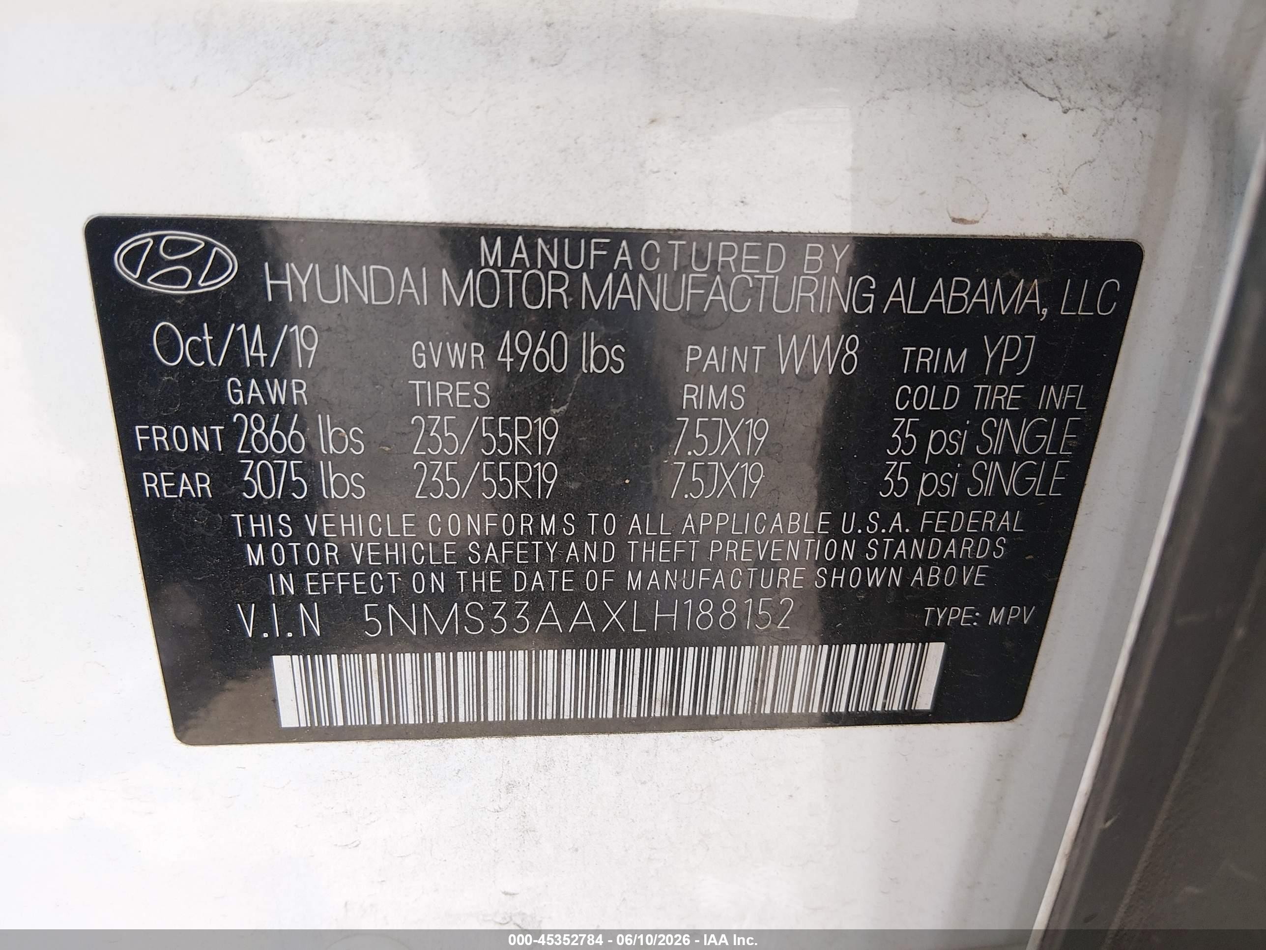 2020 Hyundai Santa Fe Sel 2.0t White vin: 5NMS33AAXLH188152