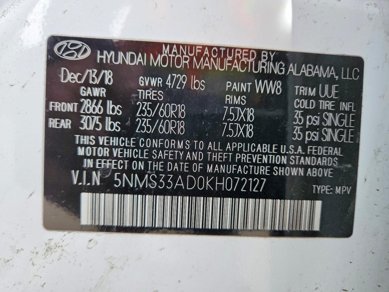 2019 Hyundai Santa Fe Sel Plus 2.4l Белый vin: 5NMS33AD0KH072127