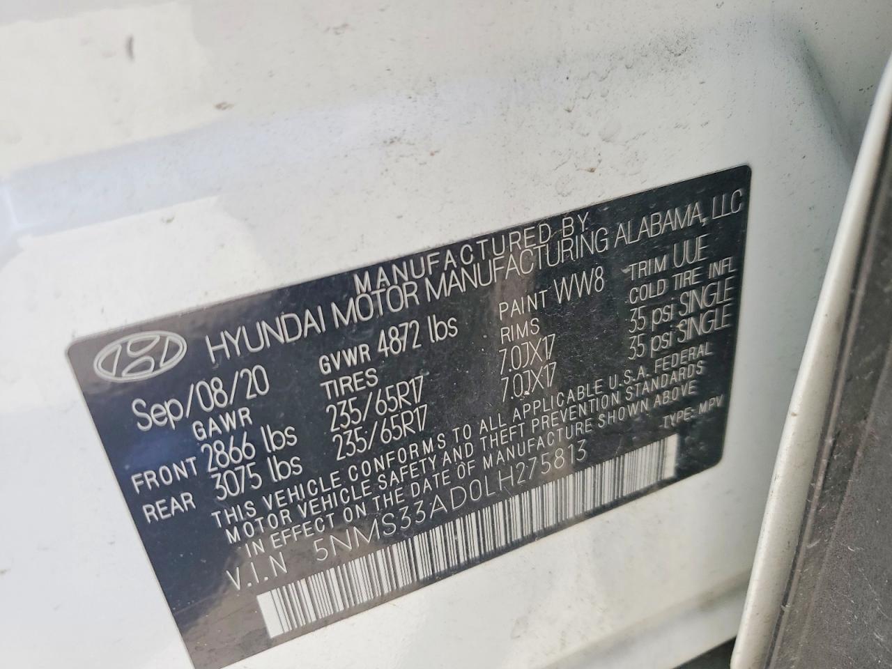2020 Hyundai Santa Fe Sel Белый vin: 5NMS33AD0LH275813