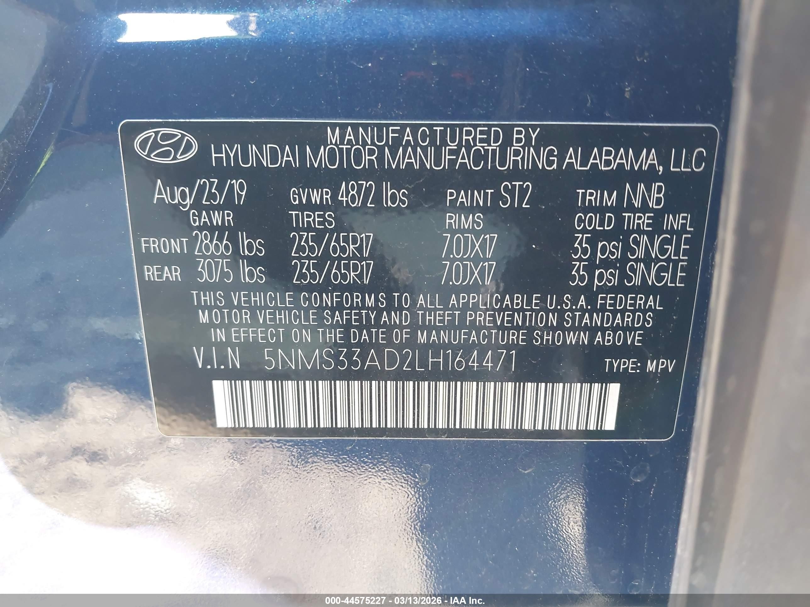 2020 Hyundai Santa Fe Sel Blue vin: 5NMS33AD2LH164471