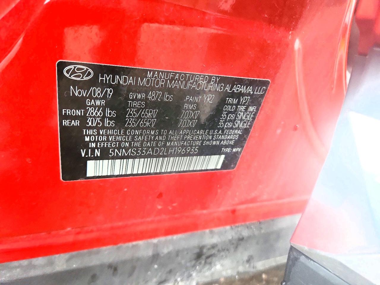 2020 Hyundai Santa Fe Sel Red vin: 5NMS33AD2LH196935