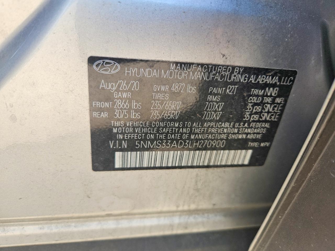 2020 Hyundai Santa Fe Sel Silver vin: 5NMS33AD3LH270900