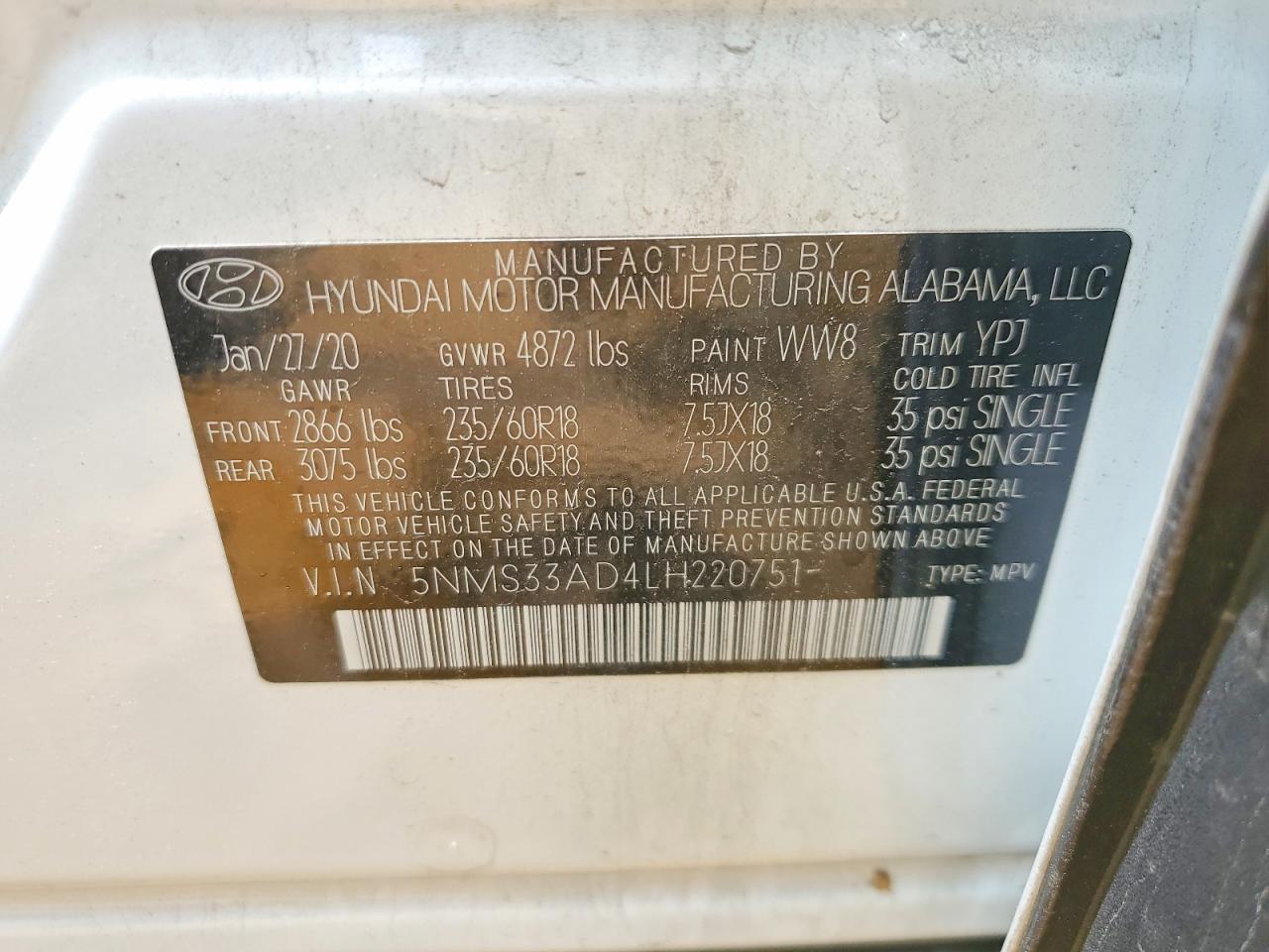 2020 Hyundai Santa Fe Sel White vin: 5NMS33AD4LH220751