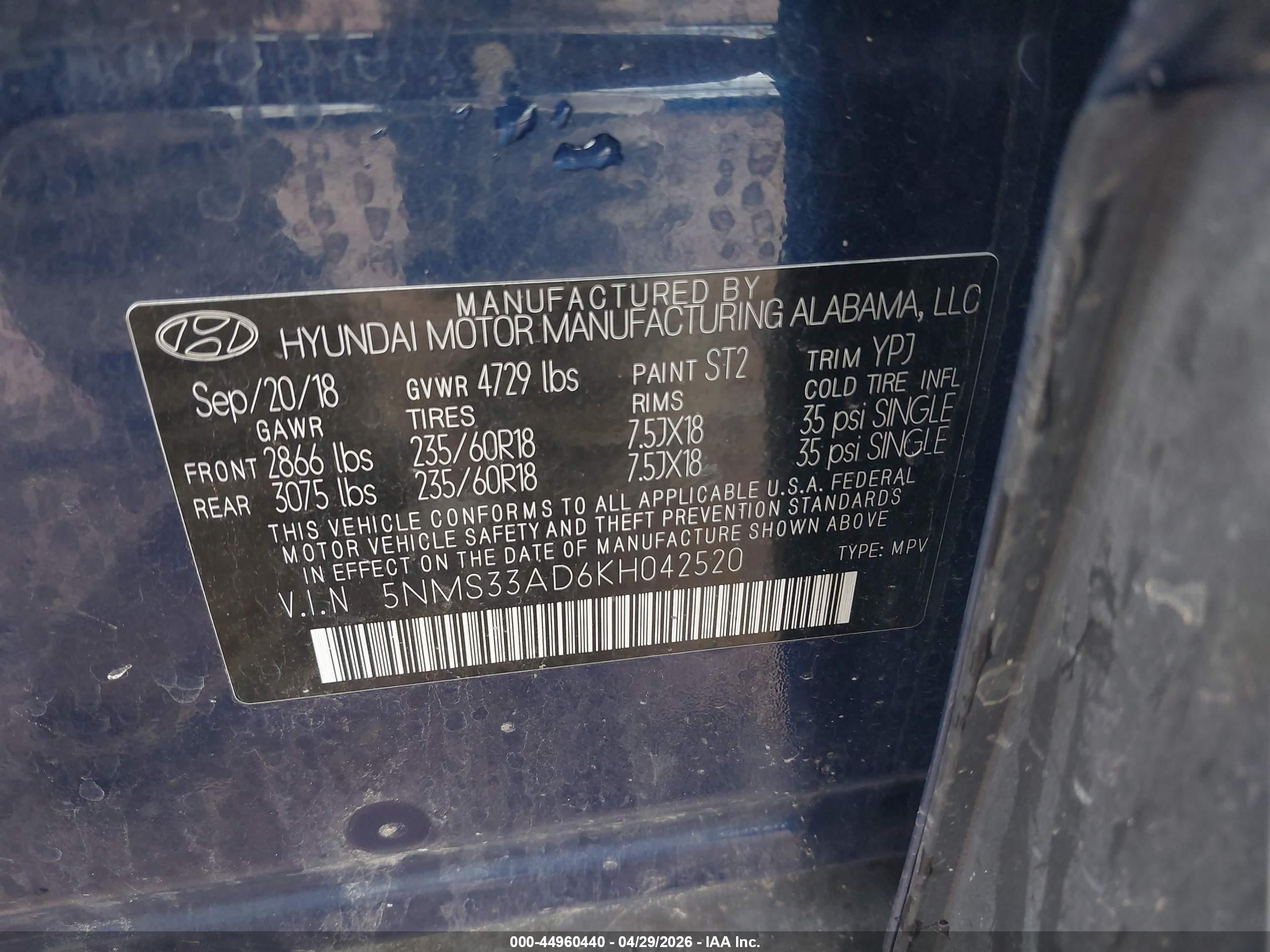 2019 Hyundai Santa Fe Sel Plus Blue vin: 5NMS33AD6KH042520