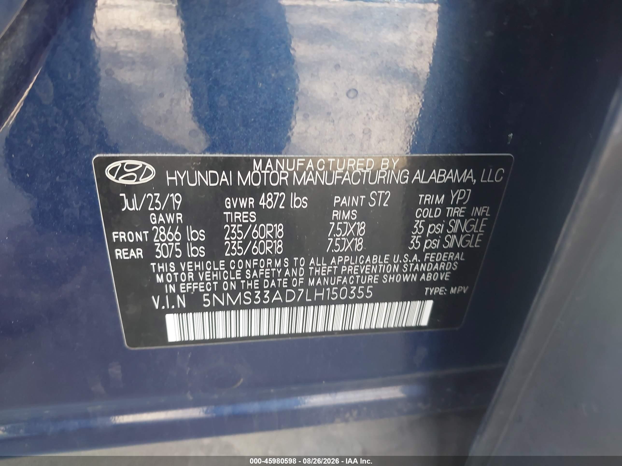 2020 Hyundai Santa Fe Sel Blue vin: 5NMS33AD7LH150355