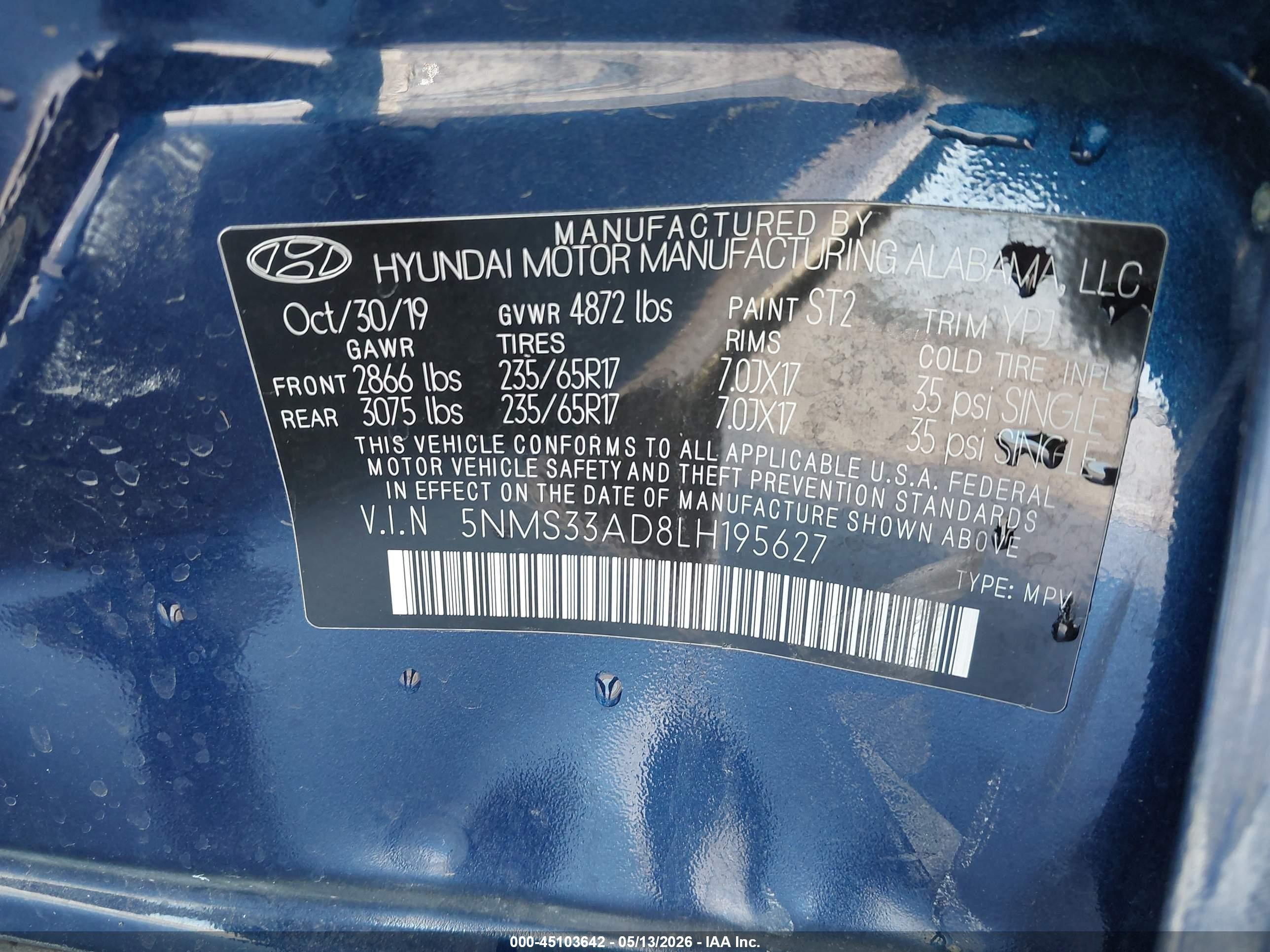 2020 Hyundai Santa Fe Sel Blue vin: 5NMS33AD8LH195627