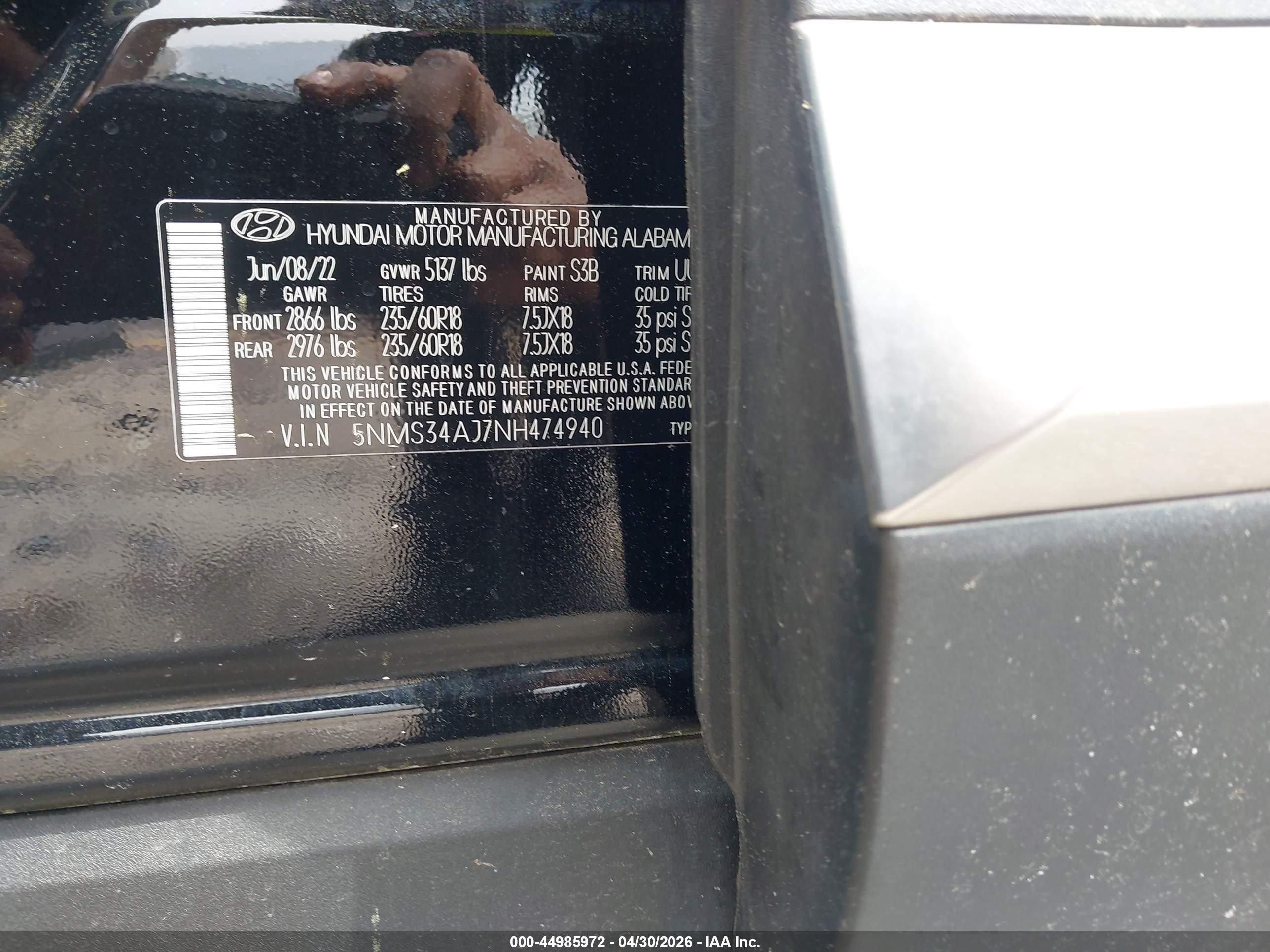 2022 Hyundai Santa Fe Sel Black vin: 5NMS34AJ7NH474940