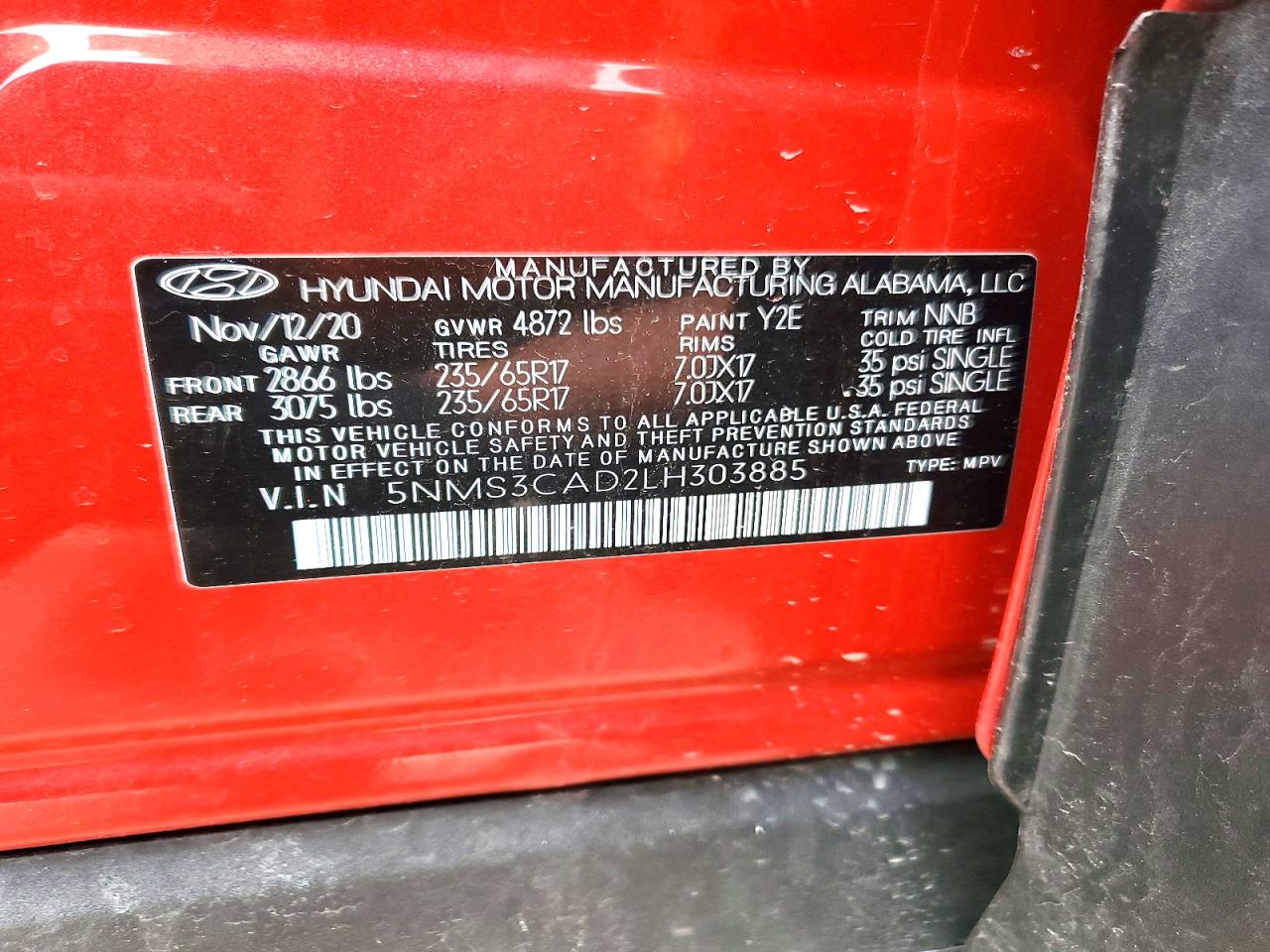 2020 Hyundai Santa Fe Sel Red vin: 5NMS3CAD2LH303885